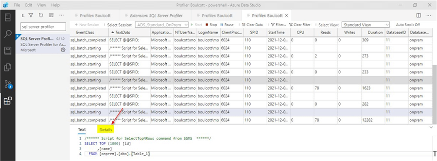 azure data studio and sql server profiler details
