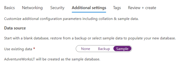 Azure Cognitive Search sql database settings