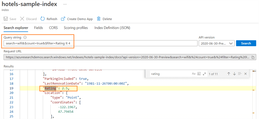 Azure Cognitive Search sample query