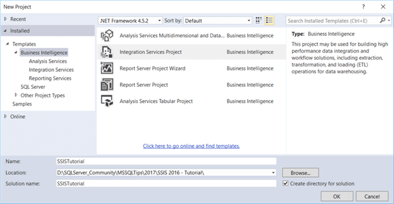 creating a new SSIS project in VS