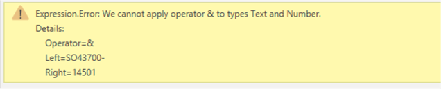 Error message for text and numeric concatenation.