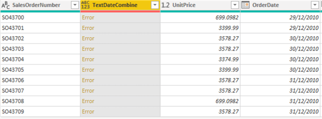 Error output of concatenated text & date columns on table.