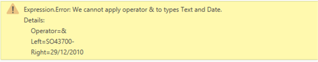 Error message for text and date concatenation.