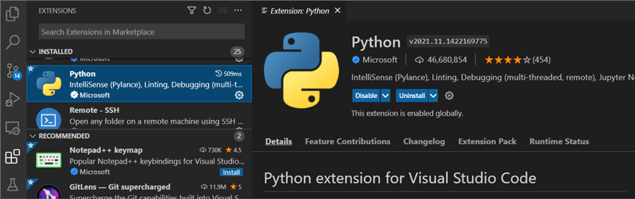 installing python extension for vs code