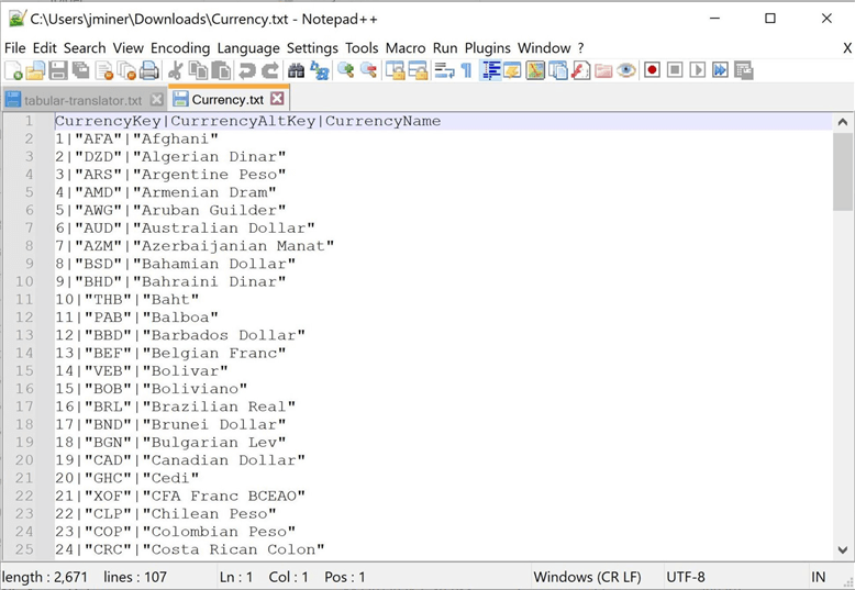 ADF - Tabular Translation Mapping - Reviewing the downloaded file in notepad++ editor.