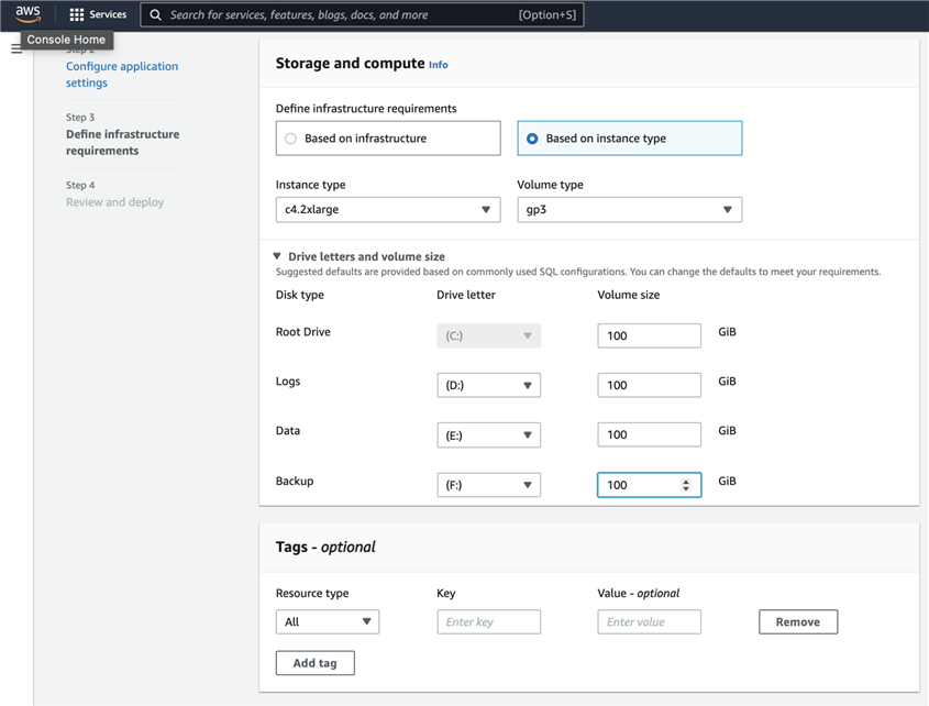 aws launch wizard Define infrastructure requirements