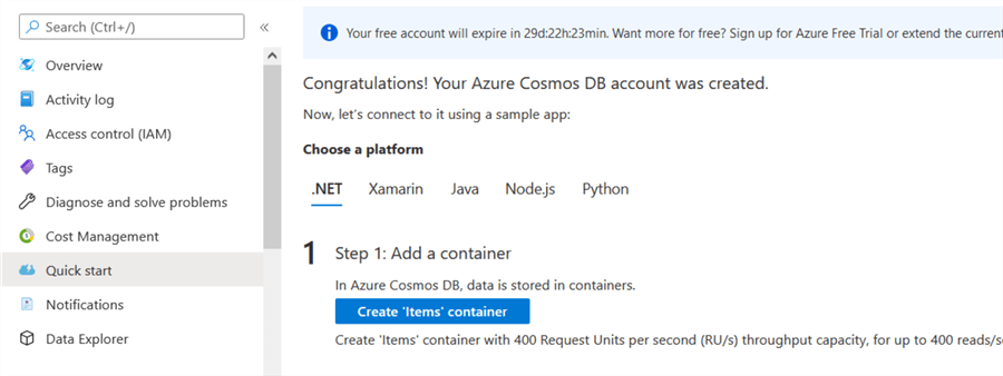 cosmos db create new container