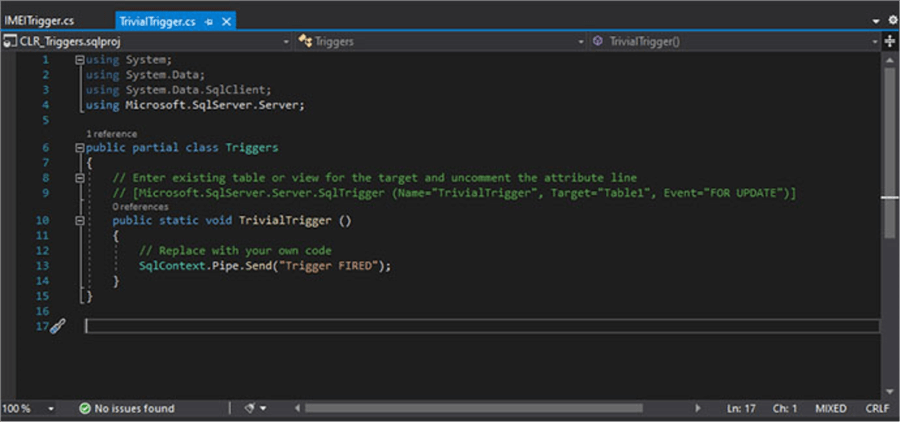 Screen Capture 5. New SQL CLR C# Trigger code template,