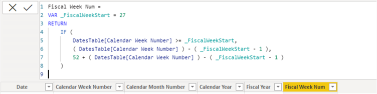 Diagram showing how to create Fiscal Week Number column on a Dates Table.