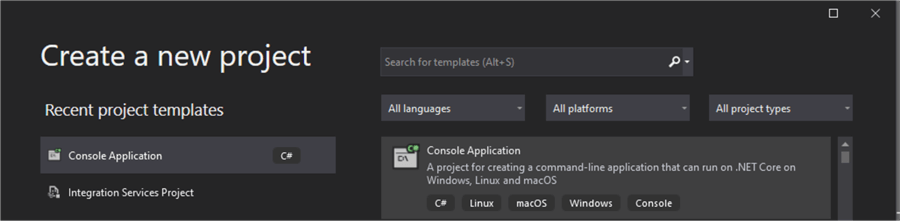 Visual Studio Create Console Application project