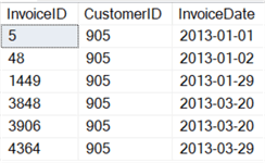 This screenshot of query output shows the 6 invoices returns by the query with 2 arguments.