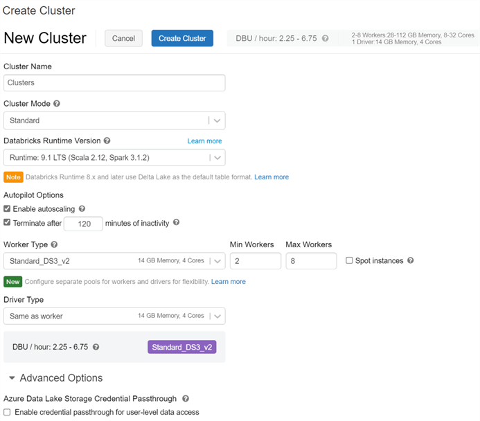 NewCluster Display of configuration options for creating new clusters