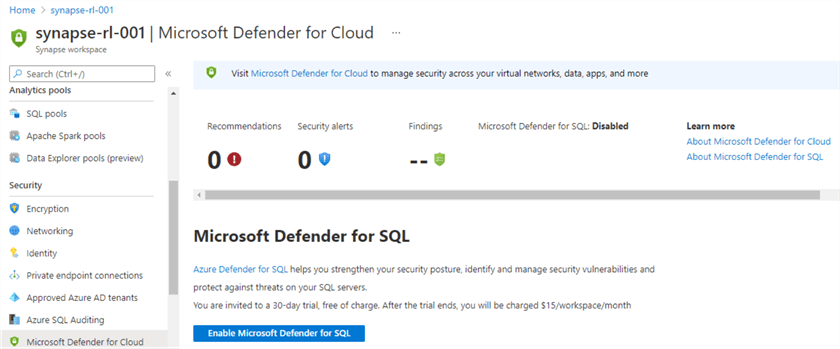 MicrosoftDefenderSynapseSQL Microsoft Defender for Synapse SQL in Azure Portal