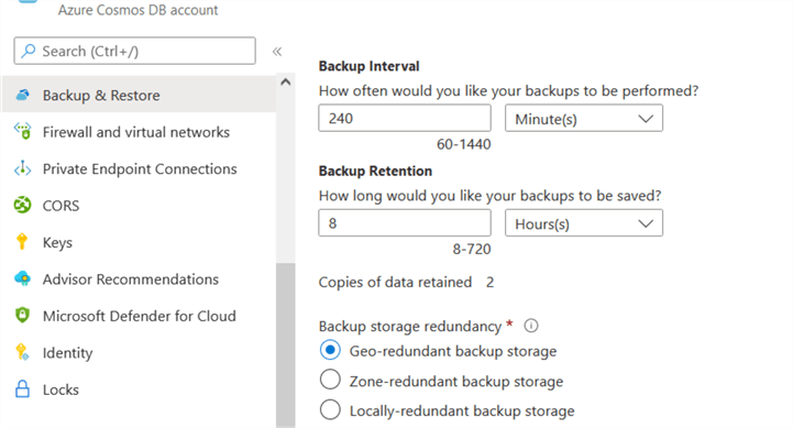 Azure Cosmos DB backup interval and retention period 