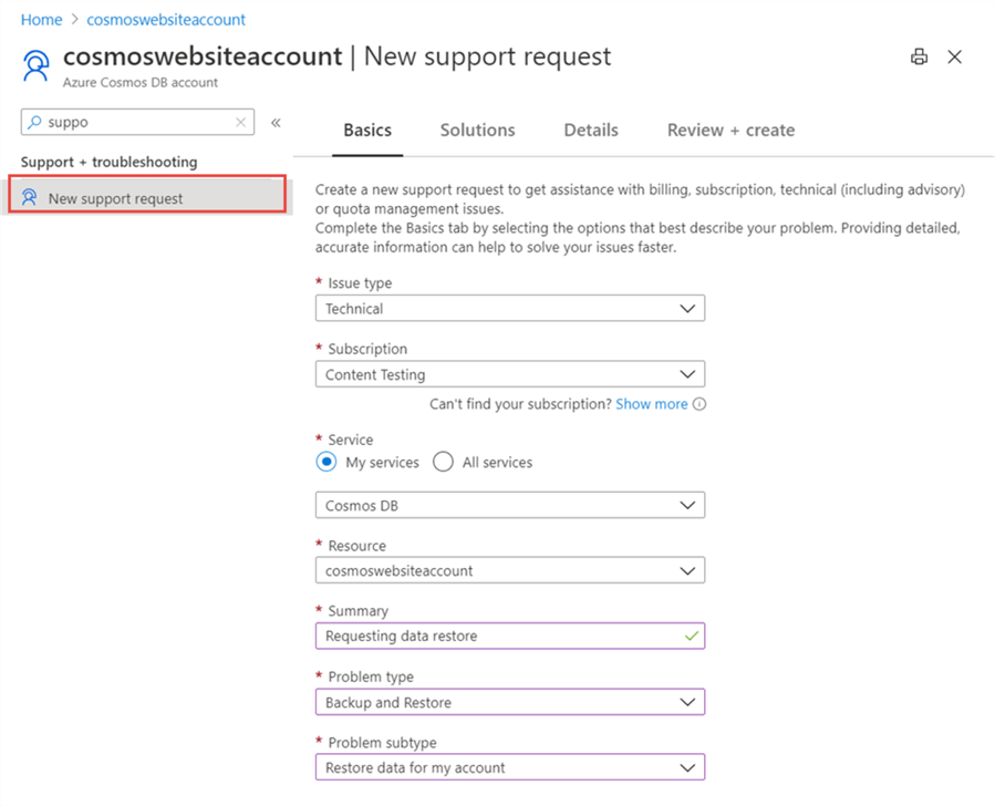 azure cosmos db support ticket form