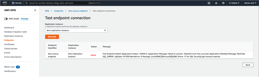 aws dms test endpoint connection