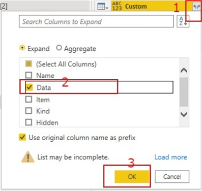 Expanding only the data column of the created custom column 