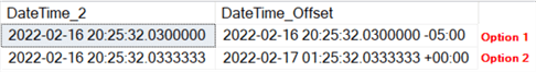 This query output shows 2 rows.  They have different dates and times along with different time zone offsets.