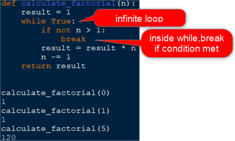 calculate factorial with a while loop and the break operator