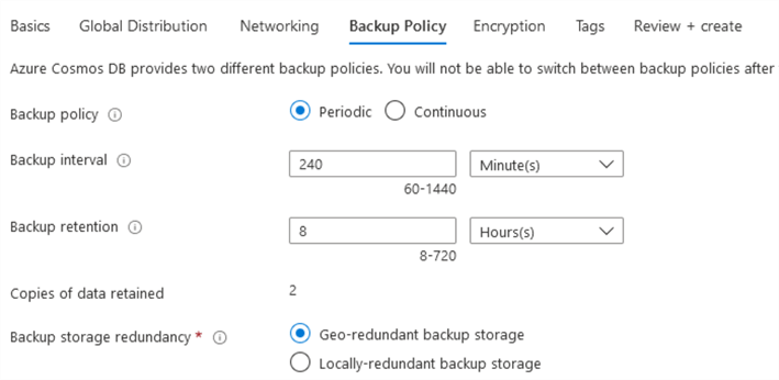 create azure cosmos db account backup policy