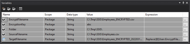 ssis variables list