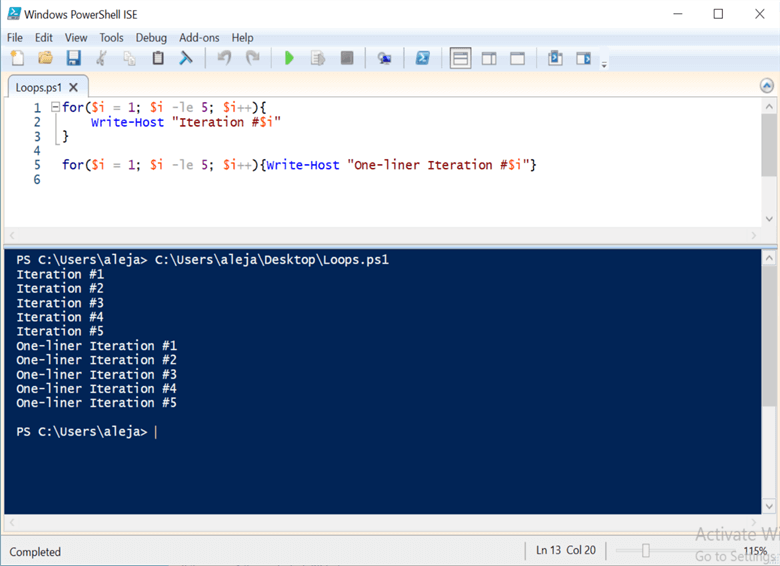powershell code and run results for loop