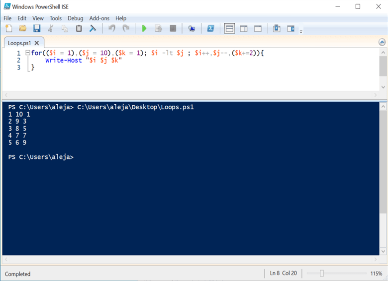 powershell code and run results for loop
