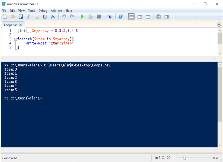 powershell code and run results foreach loop