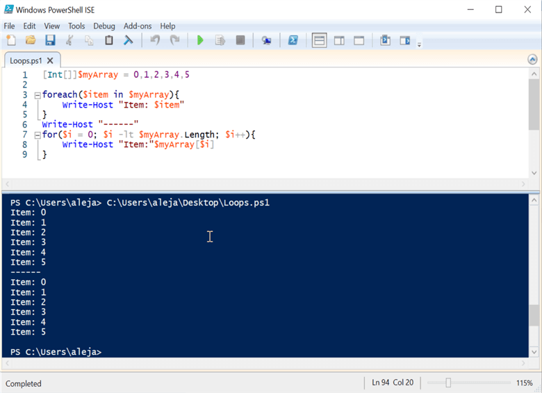 powershell code and run results for loop and foreach loop