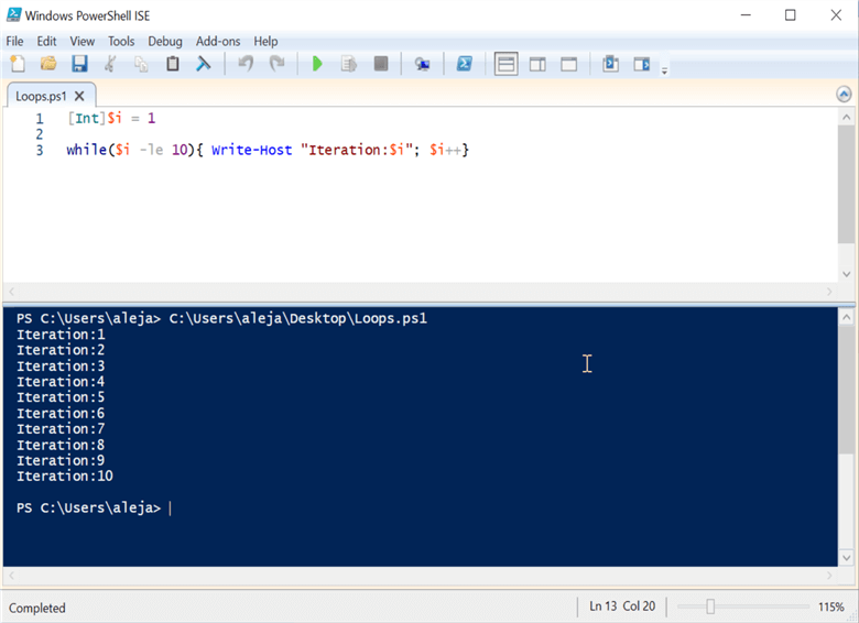 powershell code and run results while loop