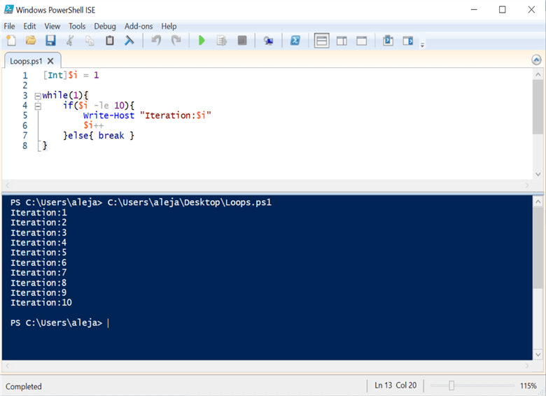 powershell code and run results while loop