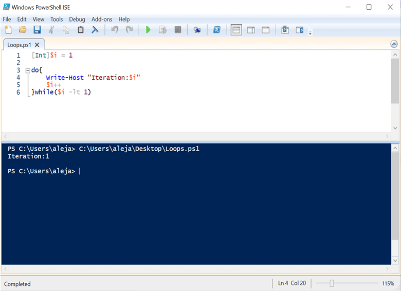 powershell code and run results for do while
