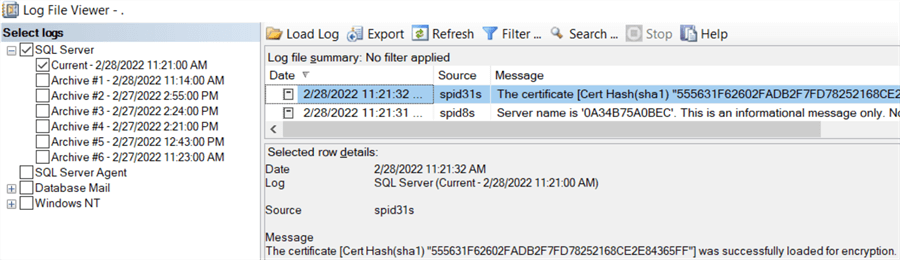 SQL Server log file viewer indicates the encryption certificate used