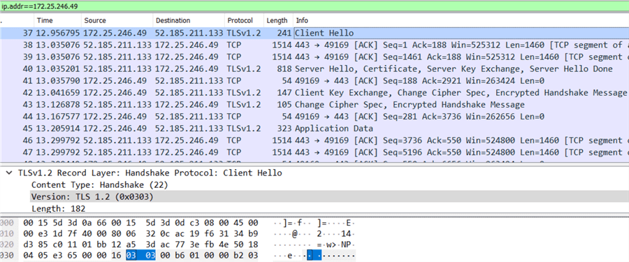 network packet sniffer results indicating TLS 1.2 is used for SQL Server