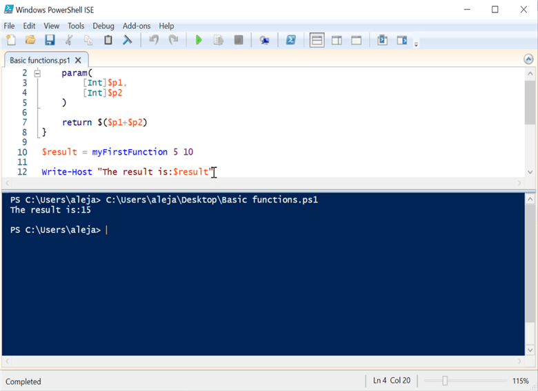 powershell function execution and results