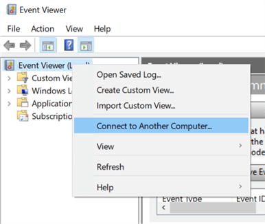 This context menu is the easiest way to change the Event Viewer from viewing the local logs to logs from another machine.