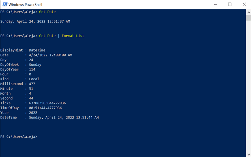 powershell commands and output