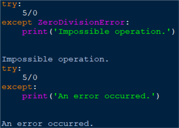 try/except example with and without specific error declaration