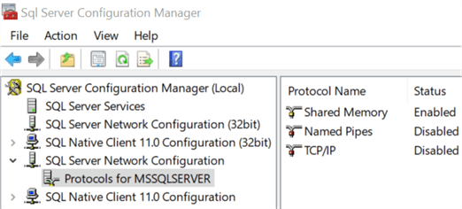 This screenshot show the network protocols section of the SQL Server 2019 Configuration Manager application.