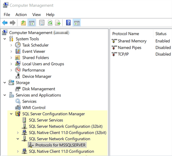 This screenshot shows the same menu options as the SQL Server Configuration Manager application except they are in the Computer Management snap-in.