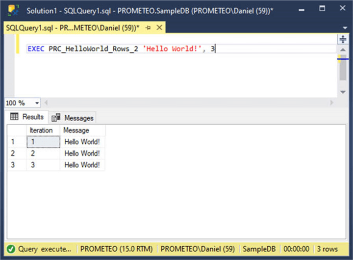 Screen Capture 3. Execution of PRC_HelloWorld_Rows_2 stored procedure.