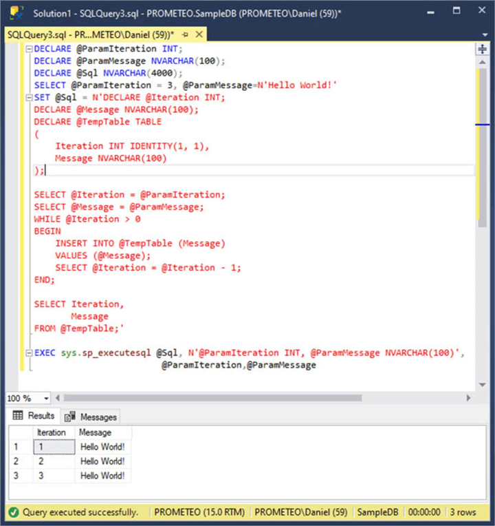 Screen Capture 4. Testing the SQL code that will be filling the SqlDataReader object. 