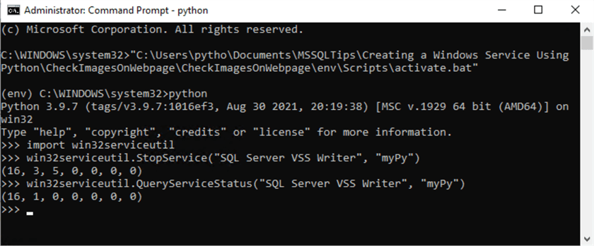 python command and output