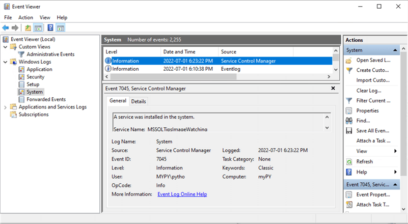 The Windows System Logs Indicate the New Installed Service 