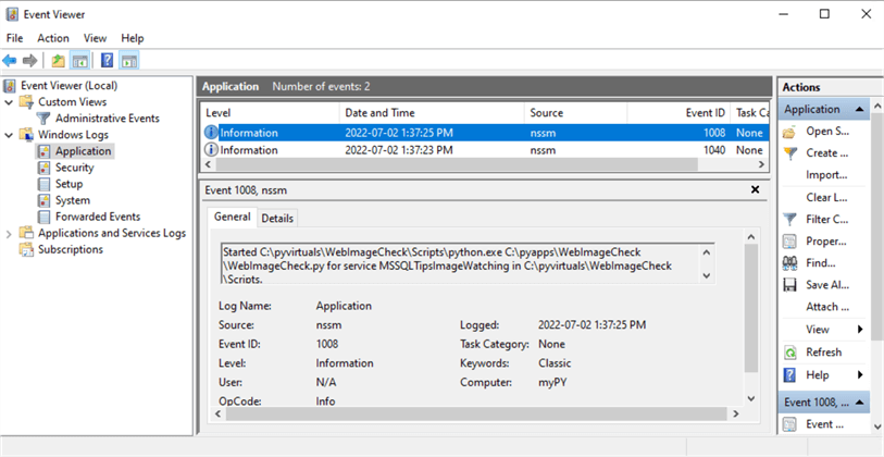 The Windows Application Logs Indicate the Service Started 