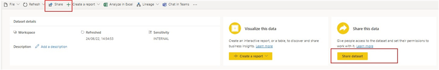 Diagram showing how to share dataset in the new preview data page in Power BI Service