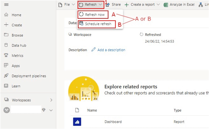 Diagram showing how to refresh dataset in the new preview data page in Power BI Service