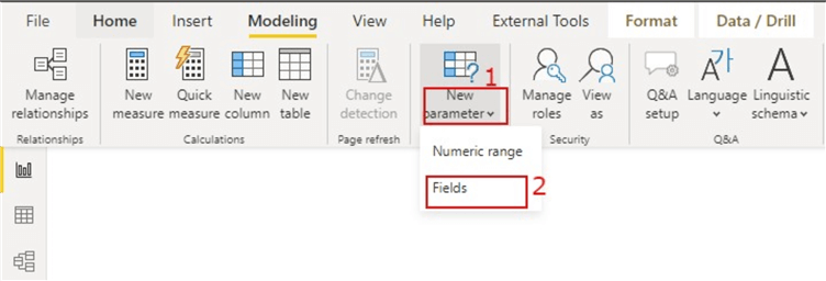 Diagram showing how to navigate to Filed Parameter feature in Power BI Desktop.