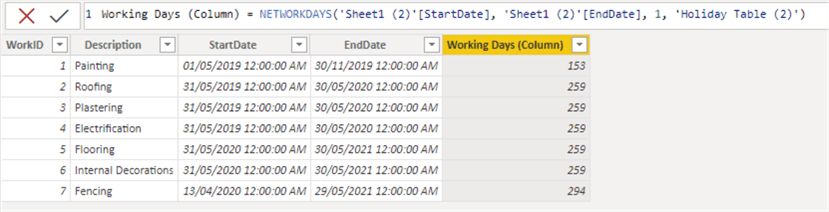 How to calculate a column of working days using NETWORKDAYS DAX