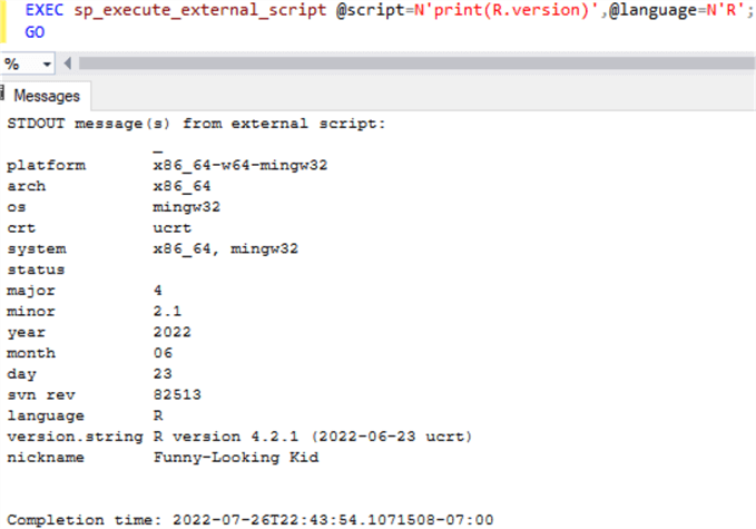 sp_execute_external_script print R version